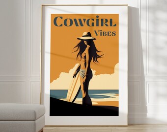 Coastal Cowgirl Surf Poster - Minimalistic Coastal Cowgirl Dorm Decor For College Girls | Vintage Surf Print | Cowgirl Wall Art | Dorm Decor