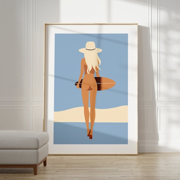 Affiche de surf Coastal Cowgirl - Cowgirl côtière minimaliste | Chambre plage tropicale | Impression de surf vintage | Art mural Cowgirl bleu clair