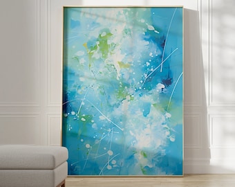May include: Abstract painting in shades of blue, green, and white with a light, airy feel. The painting is framed in a gold frame and is hanging on a white wall.