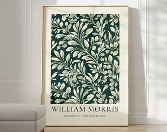 May include: A framed poster with a green background and a white floral pattern. The poster has the text "WILLIAM MORRIS Exhibition Art - Enchanted Blossoms" at the bottom.