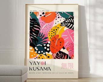 May include: A colourful poster with a floral design featuring pink, yellow, green and orange leaves and dots. The text on the poster reads "Yayoi Kusama" and "無限" in Japanese. The poster also includes the text "Musée d'Art Moderne de la Ville de Paris".