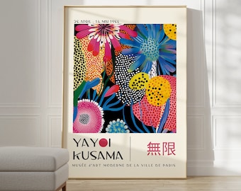 May include: A colourful poster with a floral design featuring bright pink, yellow, blue, and red flowers on a black background. The poster has the text "YAYOI KUSAMA 無限 MUSÉE D'ART MODERNE DE LA VILLE DE PARIS" at the bottom.