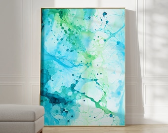 May include: Abstract painting in shades of blue, green, and white. The painting is framed in a thin gold frame and is hanging on a white wall.