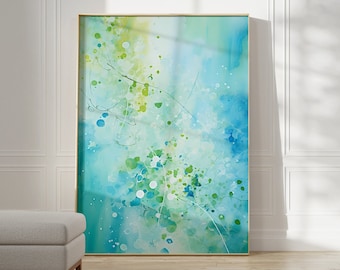 May include: Abstract watercolor painting in shades of blue, green, and white. The painting features a light blue background with green and white splatters and lines. The painting is framed in a gold frame.