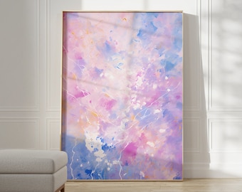 May include: Abstract painting with a pink, blue, and white color scheme. The painting is framed and hanging on a white wall.