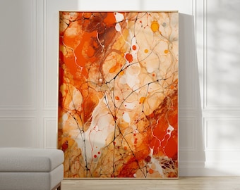 May include: A rectangular wall art piece featuring an abstract fluid paint design with vibrant shades of orange, cream, and white, accented by thin, dark, branching lines that create a complex, marbled effect across the entire surface.