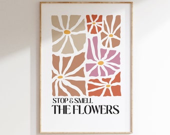 Stop & ruik de bloemen - Mindfulness Poster met Bloemenmarkt Print voor Serene Decor, Boho Retro Wall Art, Hippie en Indie Room Decor