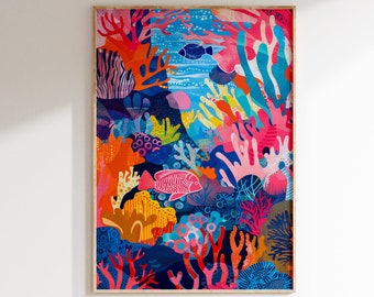 Può includere: Un dipinto astratto colorato di una barriera corallina con coralli rosa, arancio, giallo e blu. Un pesce rosa nuota tra i coralli.