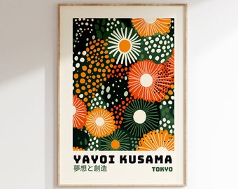 May include: A poster featuring an abstract floral design in shades of orange, green, and white. The text "YAYOI KUSAMA 夢想と創造 TOKYO" is at the bottom of the poster.