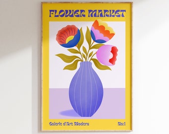 Bloemenmarktprint, moderne bloemenmarktposter, Scandinavische bloemenkunstprint, kleurrijke typografieprint voor keuken of woonkamer