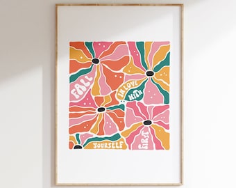 Word verliefd op jezelf Boho Poster - Inspirerende Quote Kleurrijke Home Wall Art, Deense Pastel, Trendy Wall Art, Retro Print, Flower Art