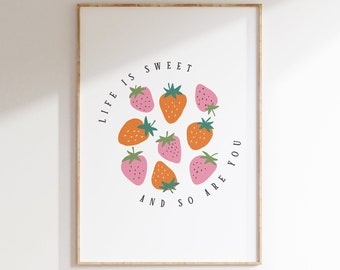 Life is Sweet and So Are You, Strawberry Flower Market Poster, Kitchen Wall Art, Danish Pastel Boho Print, Indie Room Decor, Trendy Wall Art
