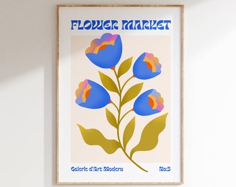 Bloemenmarktprint, moderne bloemenmarktposter, Scandinavische bloemenkunstprint, kleurrijke typografieprint voor keuken of woonkamer