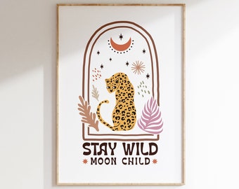 Blijf Wild Moon Child - kosmische Boho poster, bloemenmarkt print, indie kamer decor, hippie kunst aan de muur, trendy kunst aan de muur, Deense pastel poster