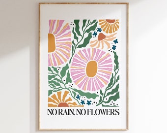 Op de afbeelding: Een ingelijst print met een bloemenontwerp met roze, oranje en groene bloemen. De tekst "NO RAIN, NO FLOWERS" is in zwart onderaan de print gedrukt.