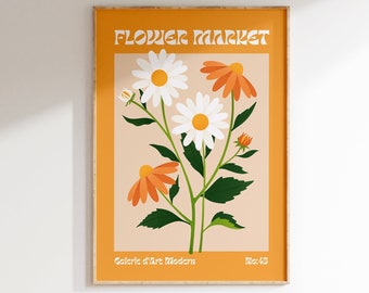 Bloemenmarktprint, moderne bloemenmarktposter, Scandinavische bloemenkunstprint, kleurrijke typografieprint voor keuken of woonkamer