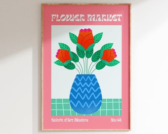 Flower Market Print, Modern Floral Flower Market Poster, Scandinavian Floral Art Print, Colorful Typography Print for Kitchen or Living Room