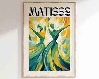 Può includere: Una stampa incorniciata di un dipinto di Henri Matisse, con due figure in un vibrante schema di colori verde, giallo e blu. Il titolo "MATISSE" è stampato in grassetto nero nella parte superiore della stampa.