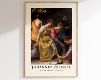 Può includere: Stampa incorniciata di "Diana e le sue ninfe" di Johannes Vermeer, con un dipinto classico di donne in abiti drappeggiati. L'opera d'arte ha una calda tavolozza di colori con toni oro, rossi e blu. Il titolo e il nome dell'artista sono stampati in basso.