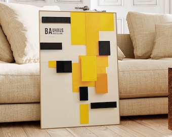 Può includere: Un poster incorniciato con un design geometrico con quadrati gialli e neri su sfondo bianco. Il poster ha il testo "BAUHAUS" in lettere nere.