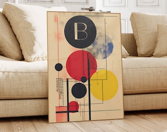 Può includere: Stampa d'arte geometrica astratta con un design di cerchi gialli, rossi e blu. La stampa presenta un cerchio nero con la lettera "B" al centro. La stampa è su uno sfondo beige con un aspetto invecchiato.