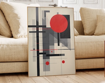 May include: Abstract geometric art print with a large red circle, black lines, and gray shapes on a beige background.