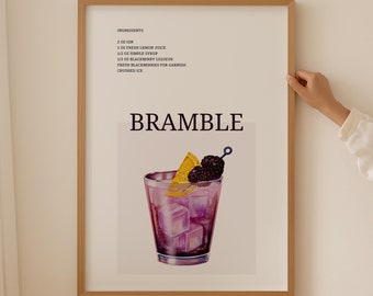 Bramble Cocktail Prints Retro, Signature Bar Sign Menu Drink Posters, Purple Art Home Bar Decor, Bar Cart Art Kitchen Accessories