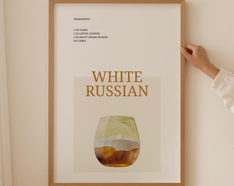 Vita ryska cocktailtryck, signaturdrinkskylt, barmenyskylt, cocktailväggkonst alkoholposter, gallerivägg barvagnskonst
