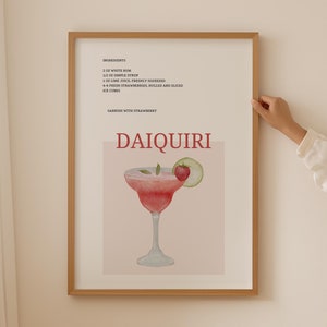 Daiquiri Cocktail Prints, Signature Drink Sign Bar Cart Art, Pink Alcohol Prints Bar Cart Decor, Kitchen Wall Art Bar Accessories