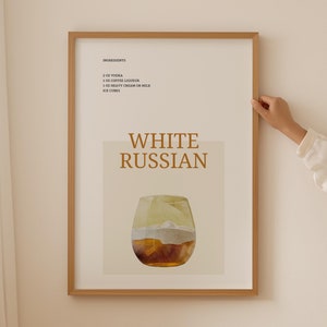 ホワイトロシアンカクテルプリント、サインドリンクサイン、バードリンクメニューサイン、カクテルウォールアートアルコールポスター、ギャラリーウォールバーカートアート