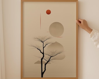 Japandi Wall Art, Abstract Art Prints Japanese Decor, Beige Mountain Poster Prints, Wabi sabi Geometric Pattern, Mountain Painting