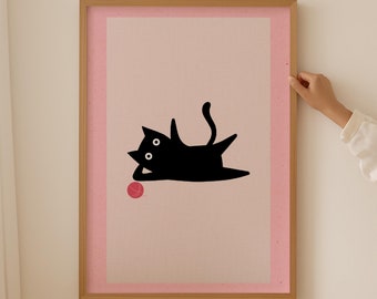 Grappige kattenposters, roze zwarte kattenmuurkunst, grappige kattenmeme preppy print, grappige funky dierenposterdecoratie, moderne dierenkunstwerken, kattencadeau
