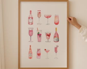 Pink Cocktail Wall Art, Watercolor Art Cocktail Prints, Retro Poster Pink Room Decor, Cocktail Print Kitchen Bar Accessories Wall Hangings