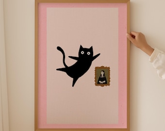Affiches drôles de mèmes de chats, art mural de chat noir rose, affiche minimaliste tendance girly, décoration d'impression de chambre d'enfant rose blush, cadeaux pour amoureux des chats