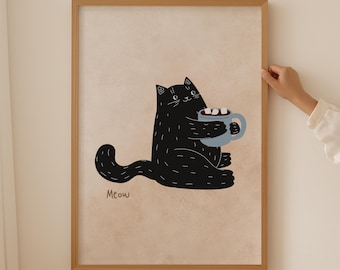 Cat Vintage Neutral Print, Retro Coffee Posters, Coffee Wall Art Minimalist Kitchen Prints, Wall Gallery Kids Room Decor, Cat Mom Gift