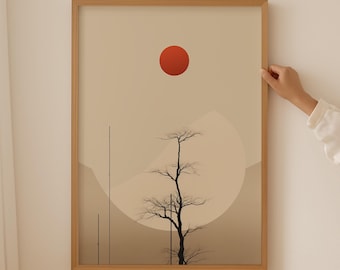 Sun Silhouette Scandinavian Prints, Burnt Orange Art Japanese Decor, Neutral Wall Art Wabi sabi Vintage Style, Zen Chic Japandi Wall Poster