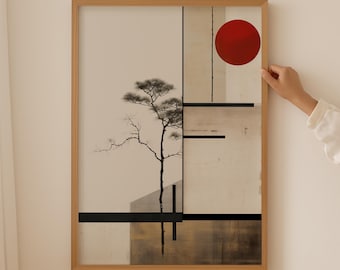 Mid Century Modern Japandi Wall Art, Wabi Sabi Bauhaus Abstract Geometric Print, Tan and Black Bedroom Decor, Scandinavian Vintage Poster