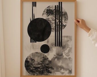 Black and White Prints, Japanese Zen Wall Art, Vintage Nature Style Abstract Print, Gallery Wall Antiques Wabi Sabi Above Bed Decor