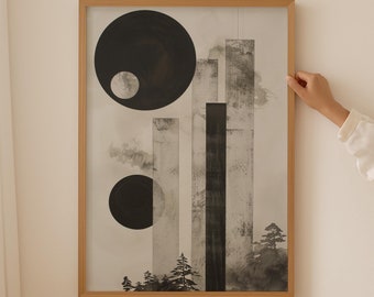 Black and White Japanese Prints, Japandi Style Geometric Wall Art, Vintage Modern Minimalist Print, Living Room Art Deco Bauhus