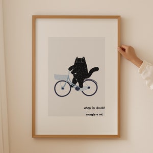 Arte di un simpatico gatto nero, poster alla moda blu con gatto divertente, stampe per bambini, stampe da parete azzurre con bici, decorazioni boho per bambini, regalo per baby shower