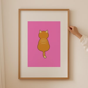 Tabby Cat Print, Ginger Cat Portrait, Trendy Pink and Orange Prints, Cat Line Art Funky Animal Poster, Home Office Decor, Mom Cat Gift