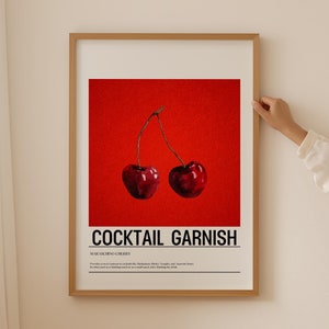 Impresión de guarnición de cóctel de cereza, ilustración de pintura de frutas con acuarela, póster de cócteles con letreros de bar de Manhattan, decoración de pared de cocina con arte de comida