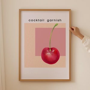 Cocktail Garnish Cherry Print, Pink Wall Art Cocktail Prints, Cherry Art Bar Signs Poster, Bart Cart Accessories, Home Bar Sign Decor