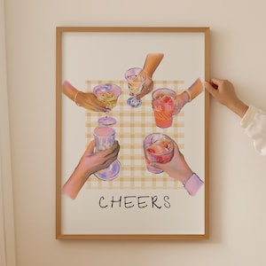 Impresión de cócteles Cheers, arte de pared de moda con cócteles exclusivos, impresiones vintage de alcohol en rosa, carteles de cocina, carteles rosas, menú de bar, galería de pared