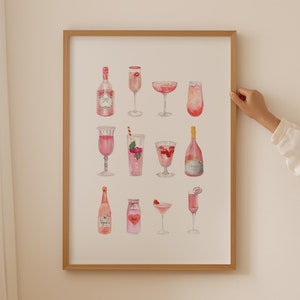 Arte de pared de cóctel rosa, impresiones de cócteles con arte de acuarela, póster retro de decoración de habitación rosa, accesorios de barra de cocina con impresión de cócteles para colgar en la pared