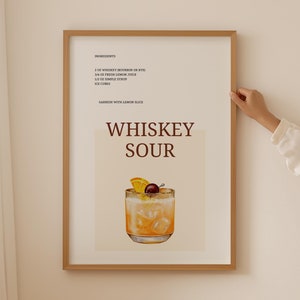 Whiskey Sour Cocktail Prints, Bar Poster Cocktail Sign, Alcohol Posters Minimalist Bar Cart Accessories, Kitchen Artwork Aesthetic Decor