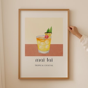 Mai Tai Print Bar Menu, Pink Alcohol Prints Bar Cart Accessories, Cocktail Art Signature Drink, Kitchen Poster Cocktail Menu