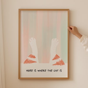 Impresión "El hogar es donde está el gato", póster bohemio de gato rosa, impresiones divertidas de memes de gatos para guardería, decoración divertida de la entrada de la habitación del bebé con animales, regalos para amantes de los gatos