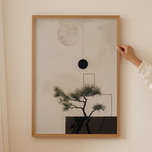 Japanese Geometric Pattern Wall Art, Mid Century Abstract Trendy Prints, Vintage Style Zen Chic, Bonsai Tree Traditional Oriental Decor