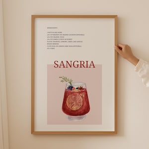 Sangria Bar Cart Prints, Pink Poster Bar Menu Sign, Cocktail Wall Prints Bar Cart Decor, Trendy Retro Posters Alcohol Art Print